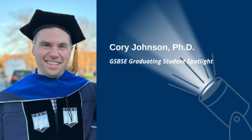 Recent Graduate School of Biomedical Science and Engineering PhD graduate, Cory Johnson at the Graduate School Commencement Ceremony at the University of Maine in Orono on May 5, 2023.
