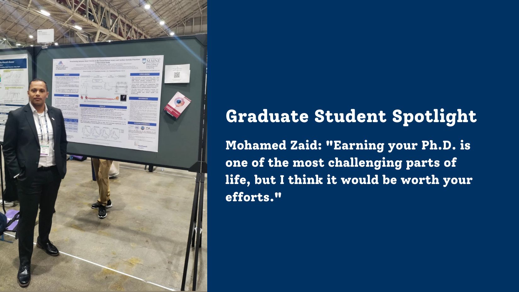 GSBSE PhD Student Mohamed Zaid standing in front of his research poster.