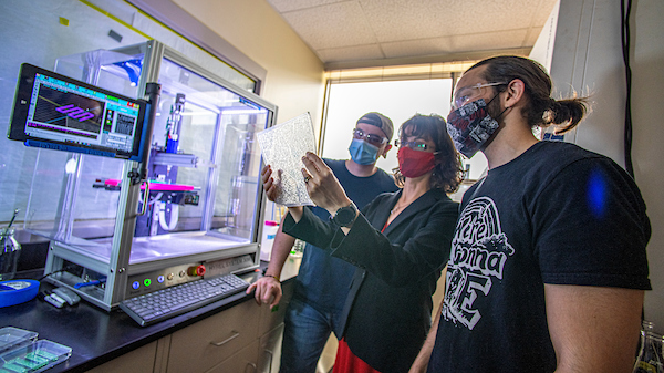 Caitlin Howell and her students Brandon Dixon (MS) and Damon Williams (1st year undergrad) use "bio inspired" 3D printed vascular polymers to help solve problems ranging from delivering medicine to people to detecting dangerous chemicals underground.